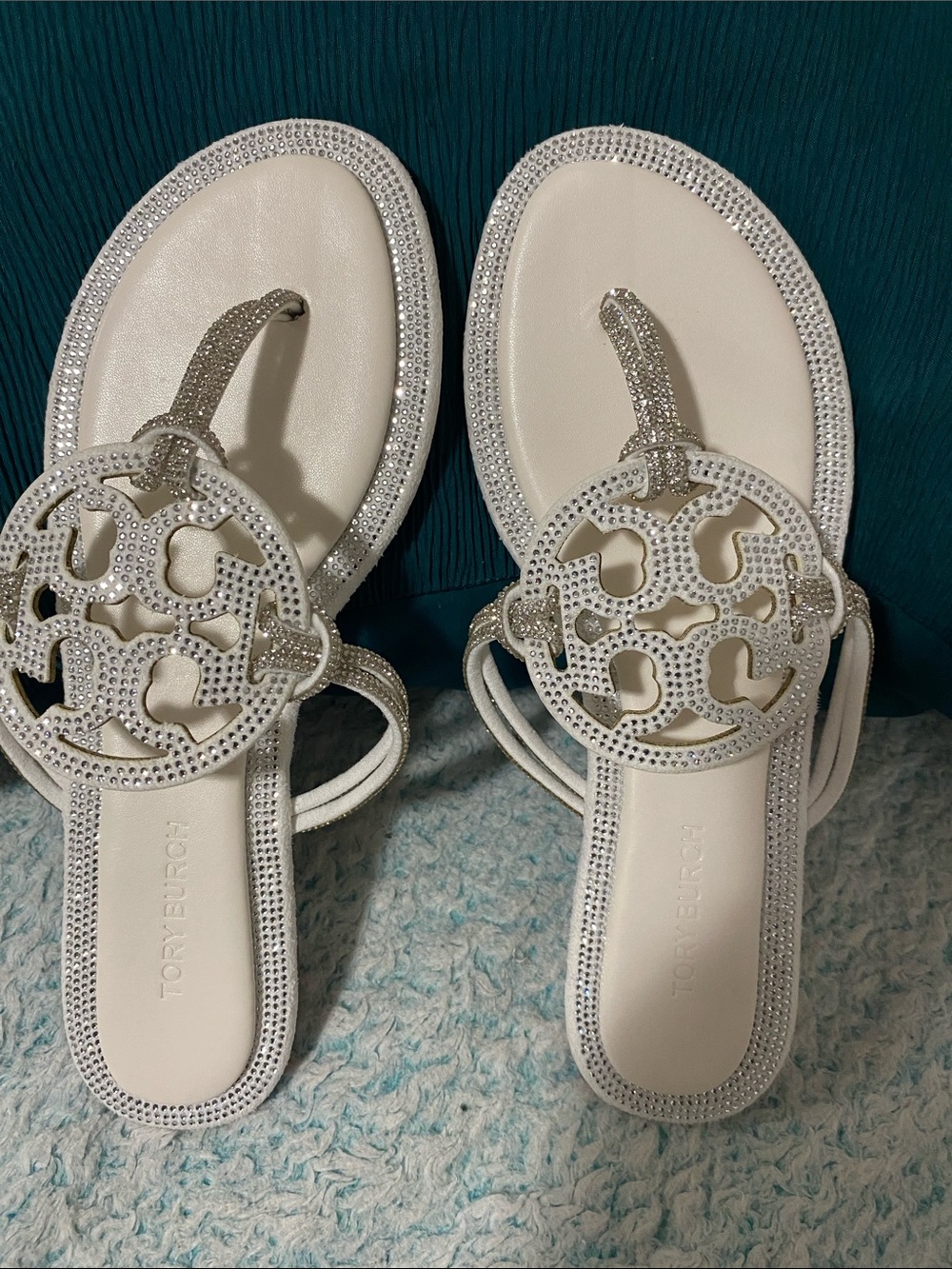 Tory Burch White Crystal-Embellished Logo Thong Sandals